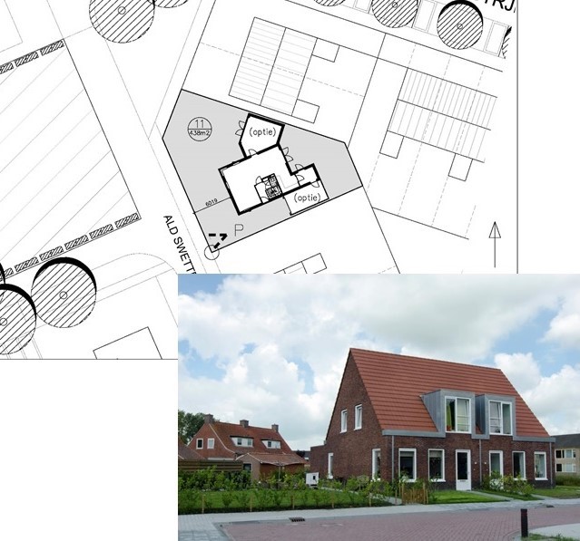 Situatietekening en referentiebeeld architectuurstijl van nabij gelegen woningen